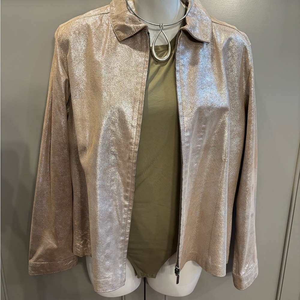 CHICO'S Beige Metallic Suede Front Zip Jacket Size 1